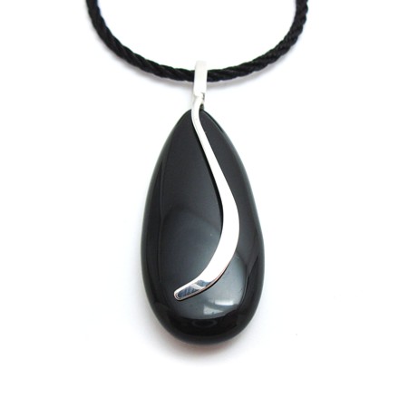 Modern Sterling and Onyx Teardrop Pendant - Click Image to Close